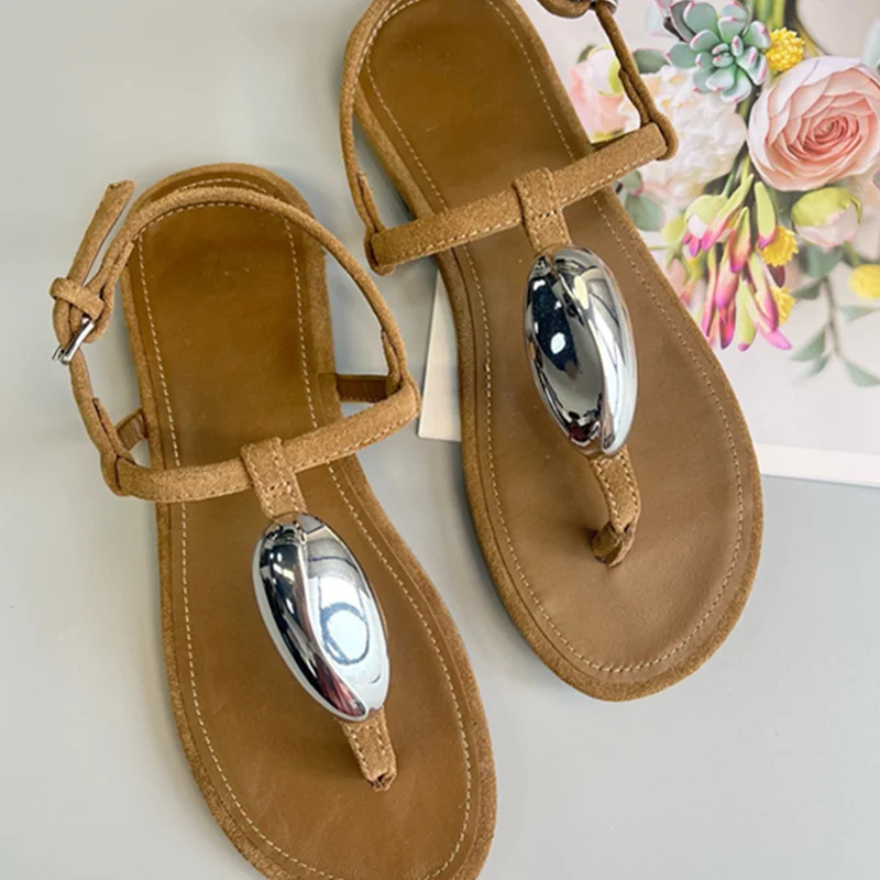 

Jenny&Dave 2026 Summer Shoes Sandals Minimalist Gemstone Decorated Leather Sandals French Elegant Retro Flat Roman Sandals Women