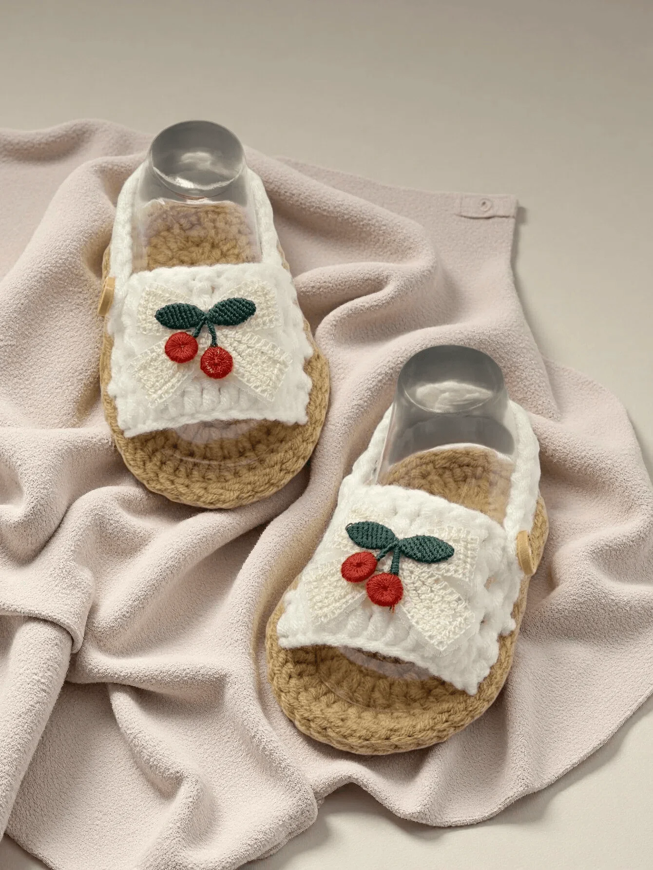 1 Pair Crochet Baby Girl Sandal Booties, Pink, Knit Infant Shoes with Cherry Bow Embroidery