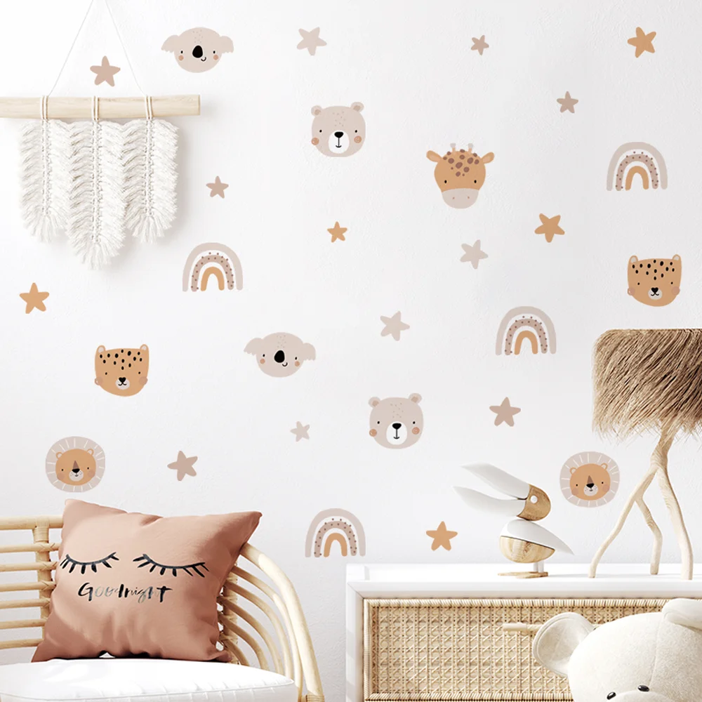 Boho Cartoon Cute Rainbow Bear Animals Star Nursery Wall Decals Art Gifts Kids Room Girls Bedroom Wall Sticker Home Decor