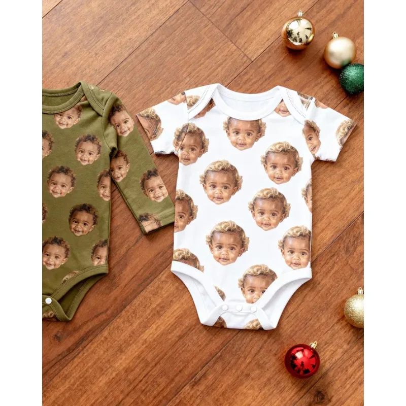Custom Photo Baby One Piece Personalised Face Short Sleeve Baby Romper Bodysuit Baby Shower for Newborn Mum Dad All Over Print