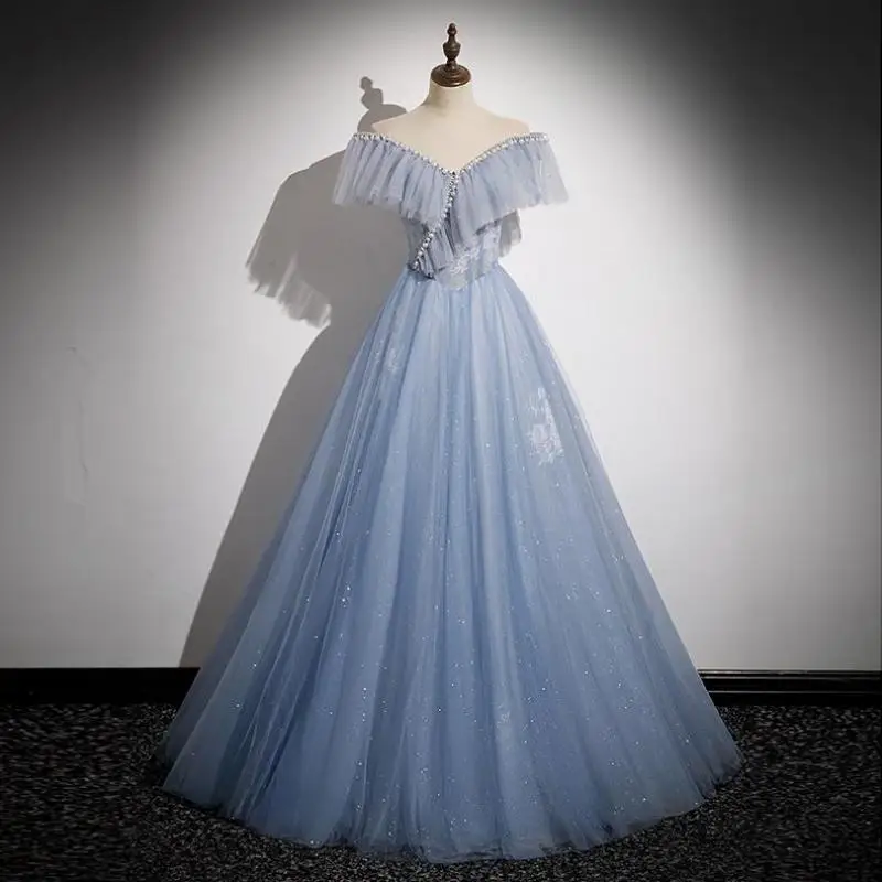 

Classic Tulle Quinceanera Dresses Elegant Off The Shoulder Long A Line Evening Dress Blue Simple Beading Vestido De Debutante