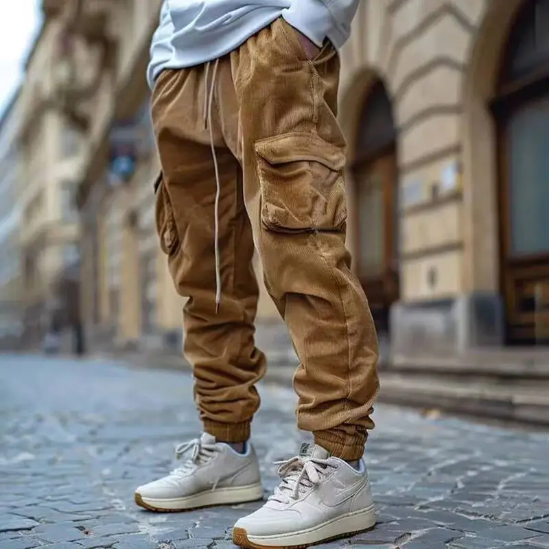 

Autumn Winter New Solid Corduroy Pants Men's Casual Retro Loose Workwear Pockets Elastic Trousers Windproof Desig Long Pant