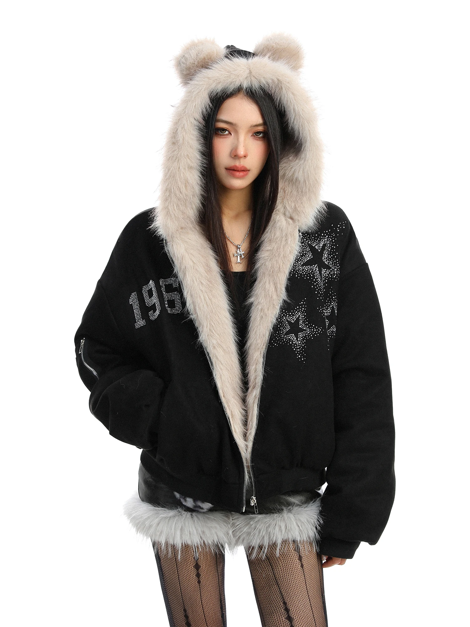 

Женская зимняя утепленная хлопковая куртка с капюшоном, украшенная мехом и стразами, в корейском стиле, свободного кроя, с длинными рукавами