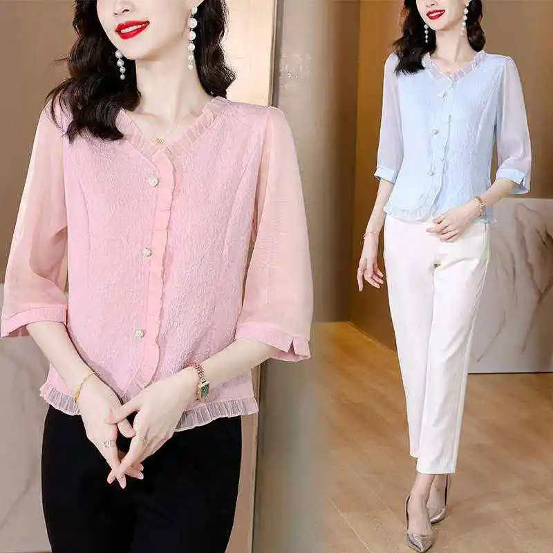 High-End V-Ne Beautiful ort-Sved Chiffon irt Women's Korean Sle Straight Cut  Knot Cold-Resistant Thin Co...