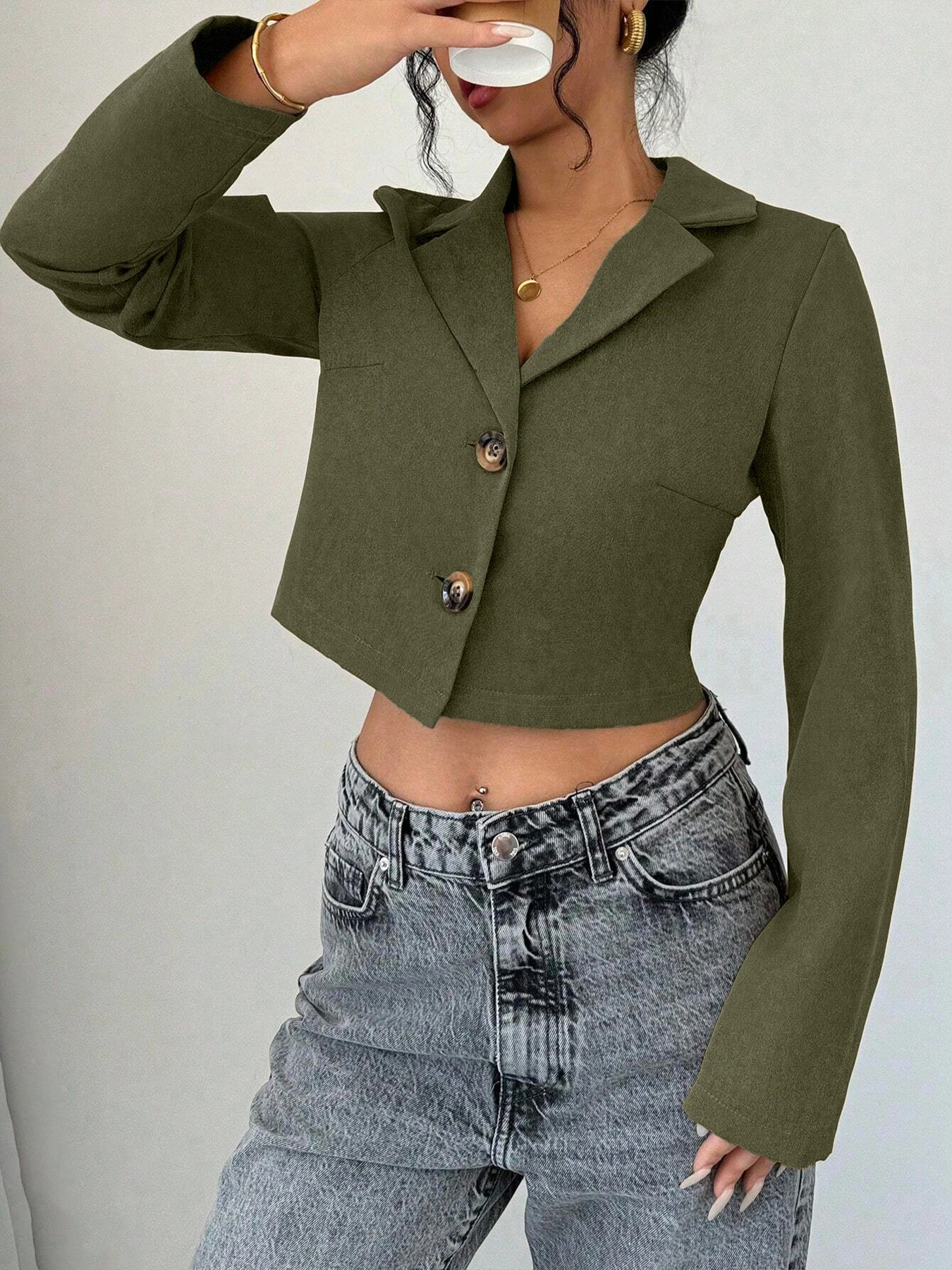 سترة نسائية لخريف 2025 للترفيه بتصميم عتيق باللون الأخضر الزيتوني الداكن مقصوصة بقصة ضيقة ومتعددة الاستخدامات للعمل/مزاج أنيق يوميًا #4
