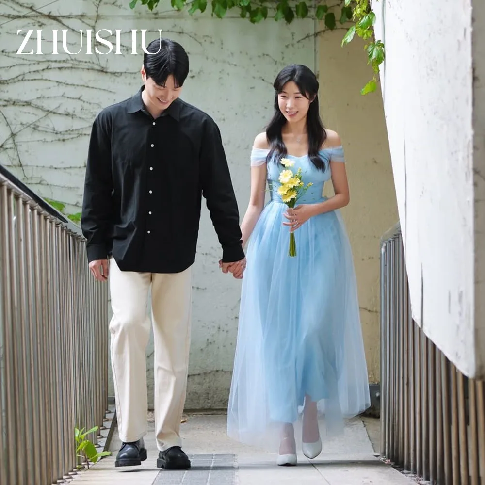 ZHUISHU Baby Blue Abiti da sera coreani con spalle scoperte Abito da sposa con bottoni automatici per la sposa Abito da ballo di nozze personalizzato 2026