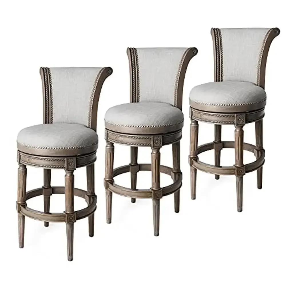 

31" Tall Upholstered Barstool Set of 3 with Swivel Reclaimed Oak Finish and Grey Cushion Hand-crafted Wood Furniture Kitchen and