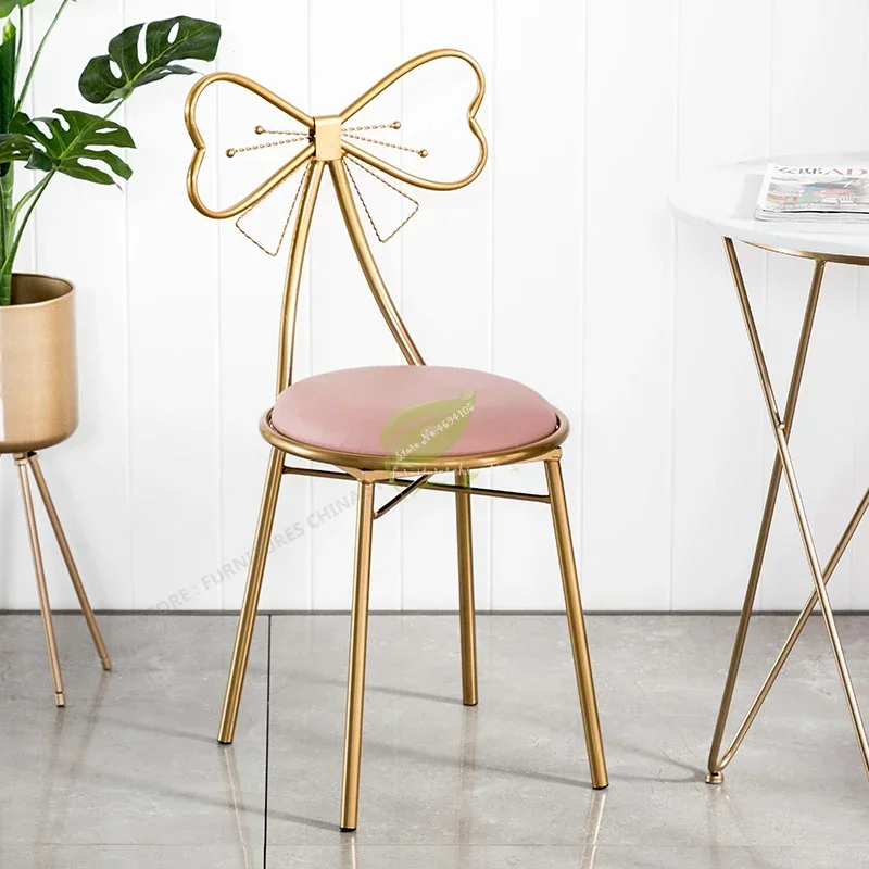 

Modern Bar Stool Iron Chair Seat Nordic Teenage Heart Princess Bow Beauty Salon Furnishings Comfortable Counter Chair