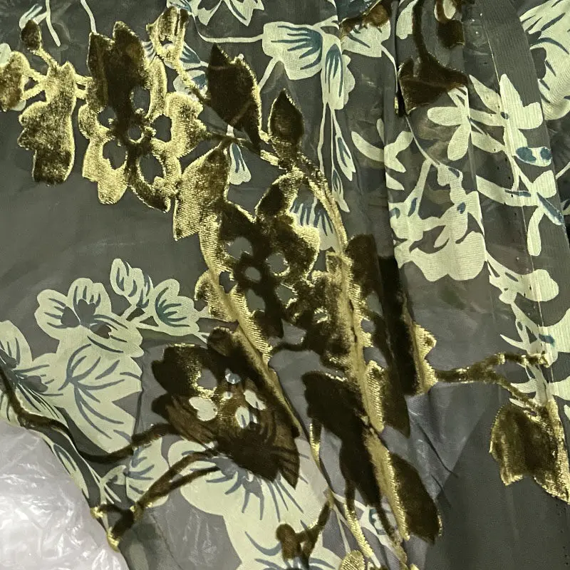 Designer Cloth Silk Velvet Hollow out Fashion Cloth Dark Flower Army Green Cotton Velvet Semi-Transparent Silk Fabric Dress