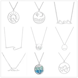 Bohemian Wave Pendant Necklace Stainless Steel Jewelry Necklace for Women Enamel Blue Beach Surfer Charms Collar Bijoux Femme