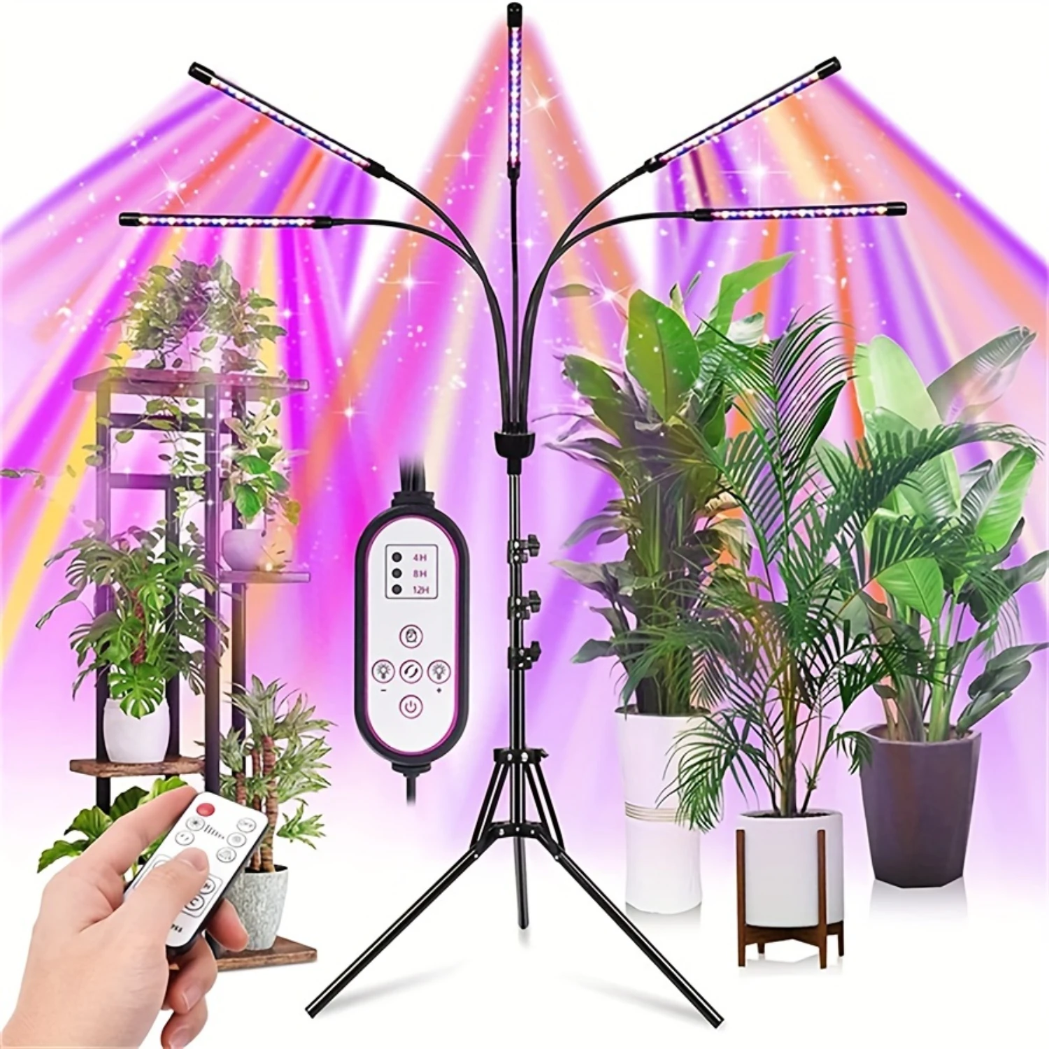 LED Grow Light Indoor Plants Tripod Stand Full Spectrum Timing Control 4 Switch Modes Seedling Growth Flowering Foliage 15-63 in