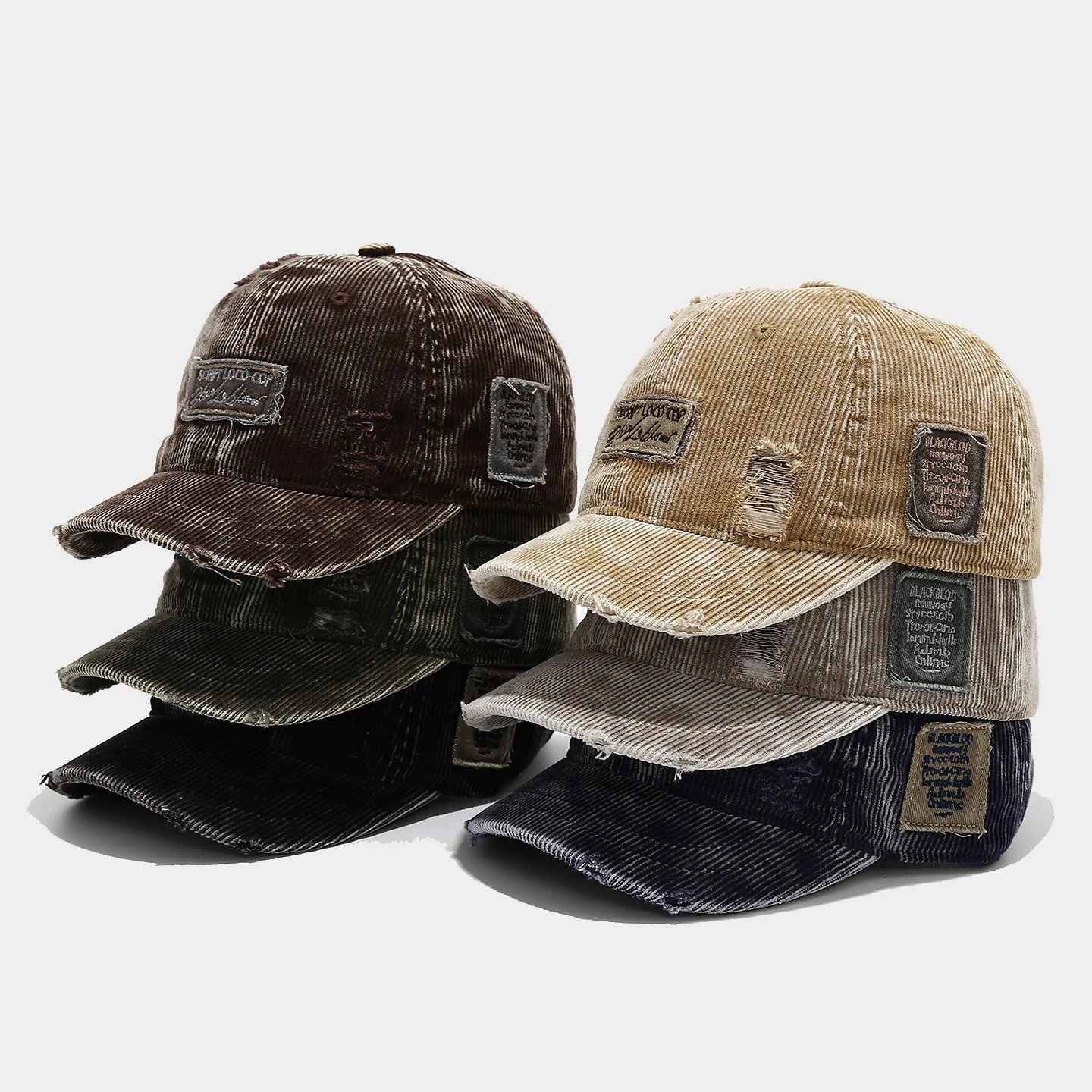 Corduroy Baseball Cap with Distressed Edge and Patch Label for Men Women Streetwear Short Brim Duckbill Hat Sun Shade