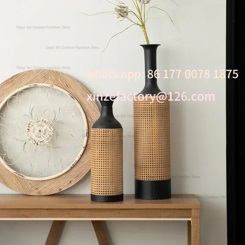 Customizable Style Floor-standing Vase Large Vintage Industrial Design Wrought Iron Hollow Vases Rattan