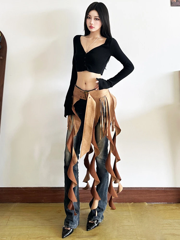 Women's Skirt American Retro Niche Brown Ruffled Fringe Skirt with Tassel Tailored Slim Versatile Waist Seal Belt Blusa SK114
