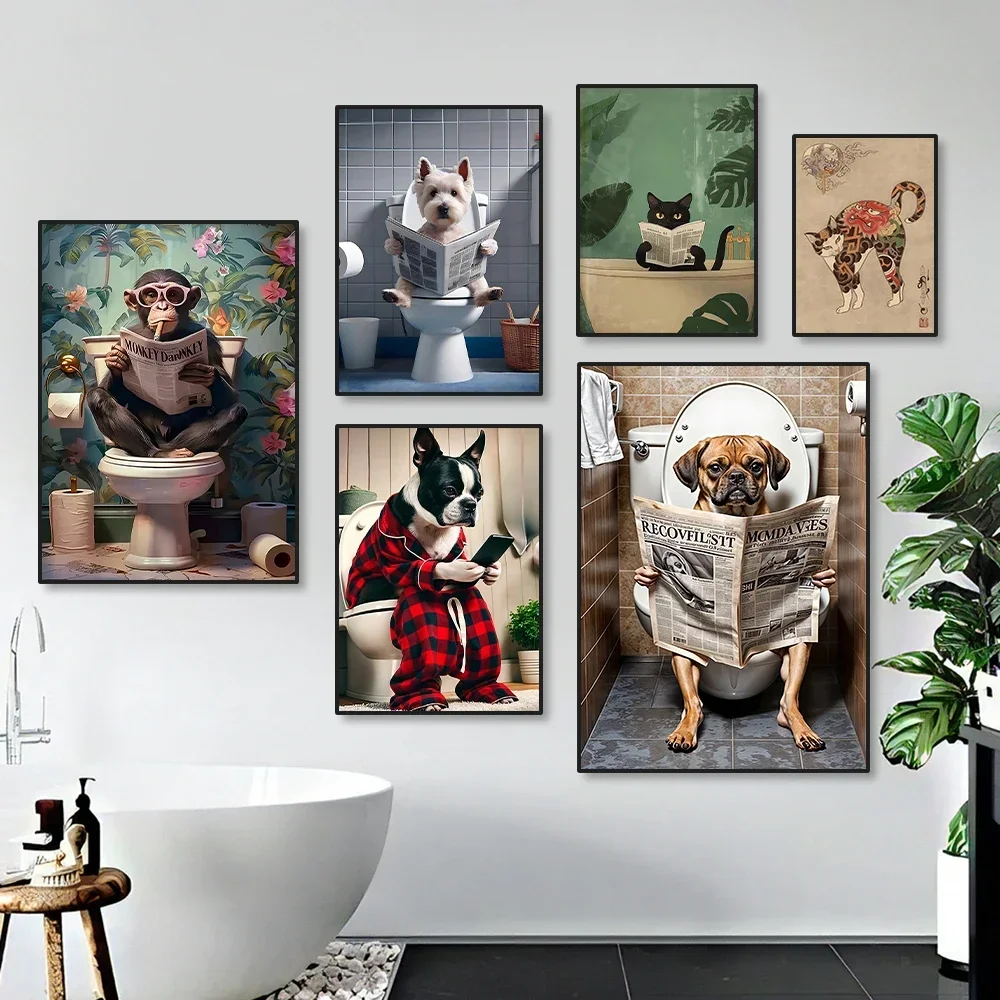 1PC Frameless Funny Animal Reading Newspaper on Toilet Poster Canvas Painting Monkey Dog Black Cat  Bathroom Wall Art Home De