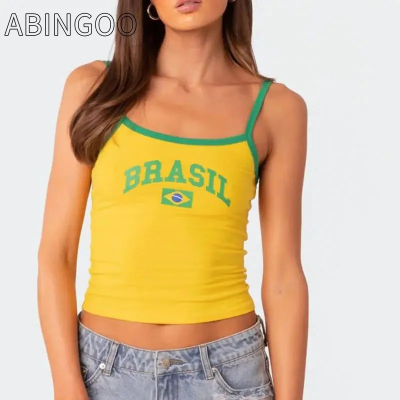 

ABINGOO Women Yellow T-shirt Brazil Letter Print Camisole Punk Vintage High Street Crop Top Harajuku Y2k Emo Girls Baby Tees