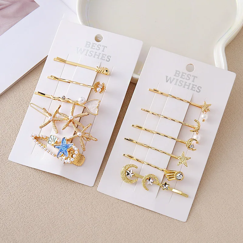 

Летние аксессуары для волос, заколки для волос в виде морской звезды и жемчуга, элегантный дизайн с луной и звездой, заколки с боковой челкой для женщин, нескользящие пляжные свадебные украшения