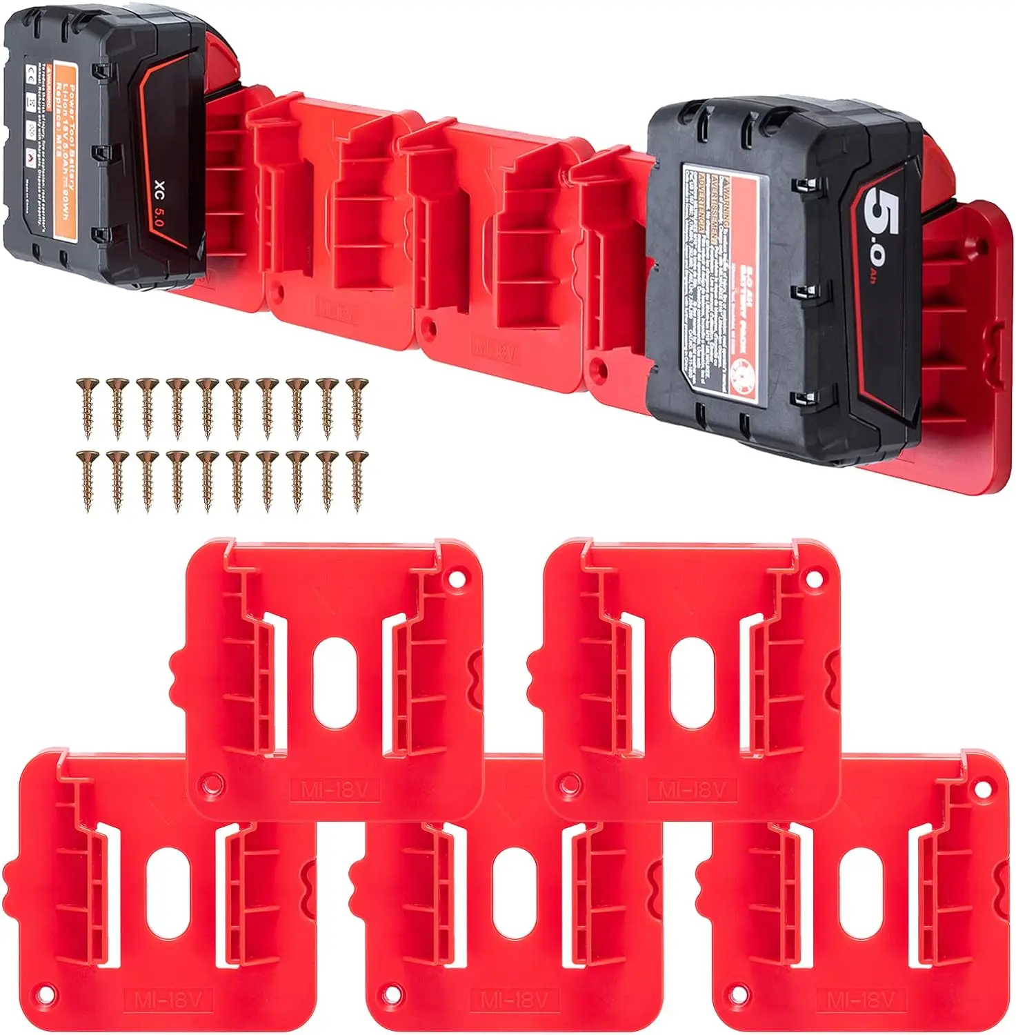 5PCS Battery Holder for Milwaukee M18 18V Battery, Wall Mount Batteries Storage for Work Van Shelf Toolbox