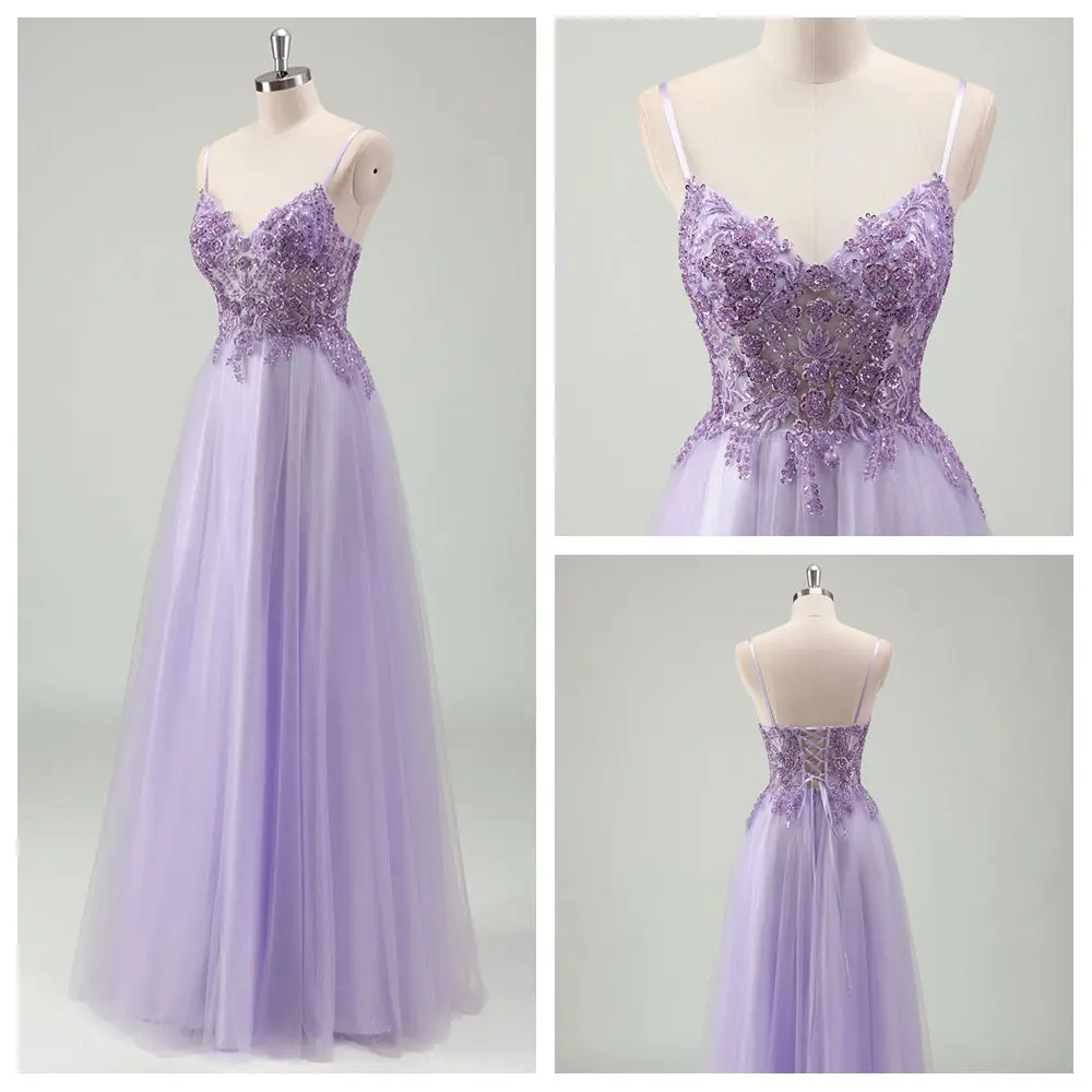 

Customized A-line Evening Dresses V-Neck Tulle Draped Long Prom Gown Sequined Beading Lace Appliques birthday Party Dress