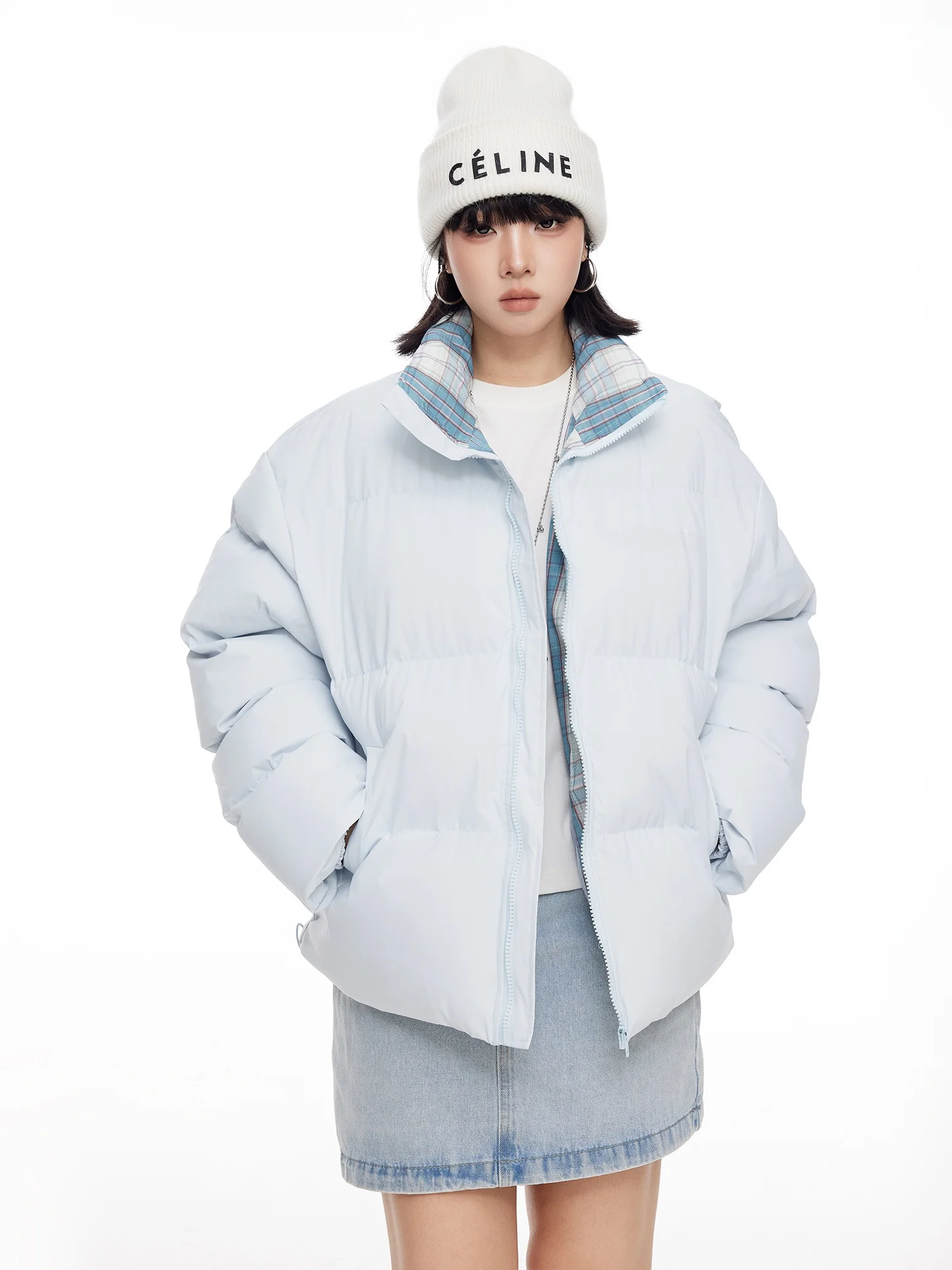 

Американский клетчатый пуховик с воротником-стойкой, свободный крой, хлопковая куртка для женщин, уличный стиль