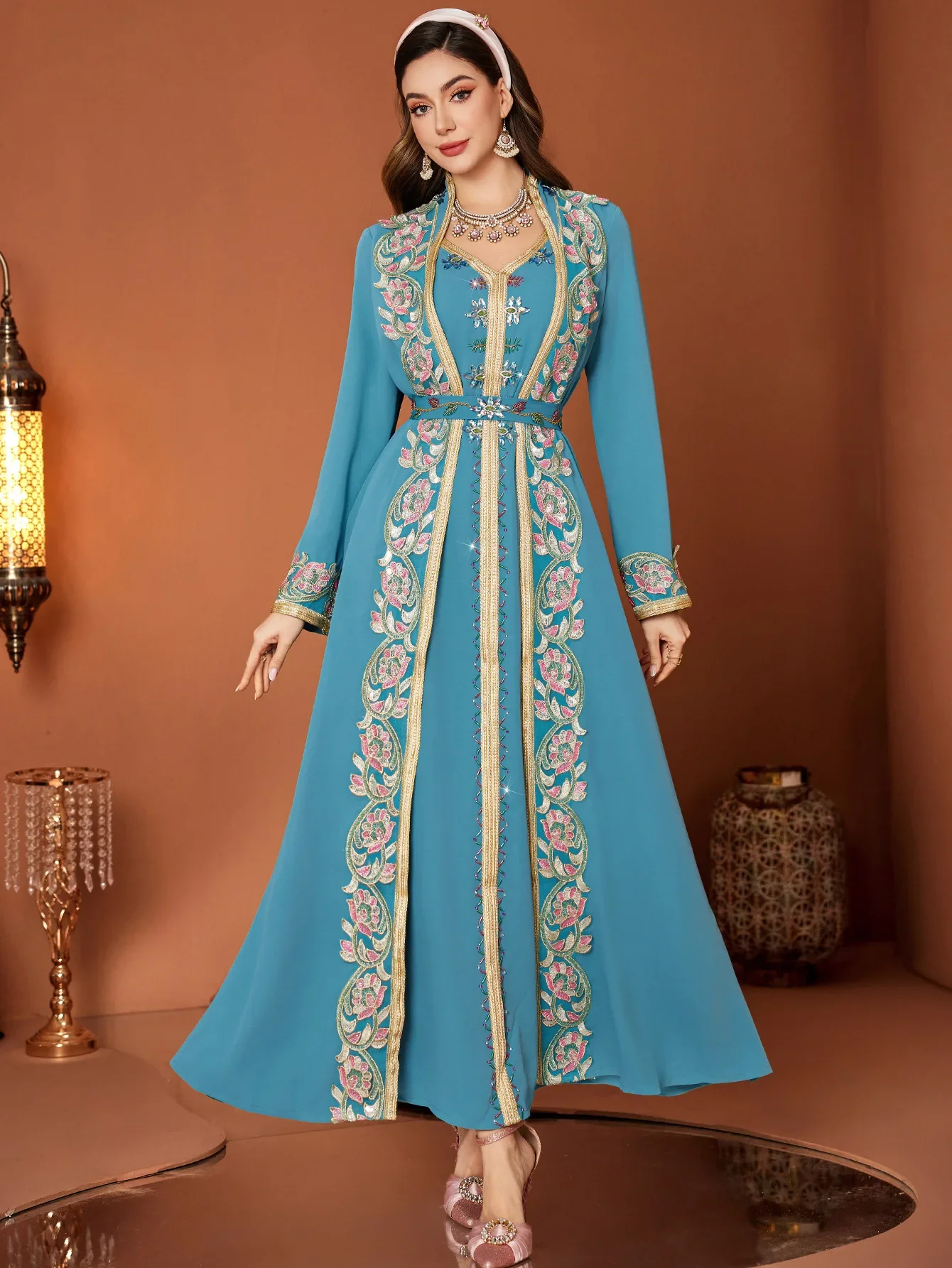 فستان العيد الإسلامي للنساء عباية دانتيل ماسي مزيف 2 قطعة فساتين طويلة فيستدوس لارغوس حفلة قفطان رمضان دبي رداء طويل 2026