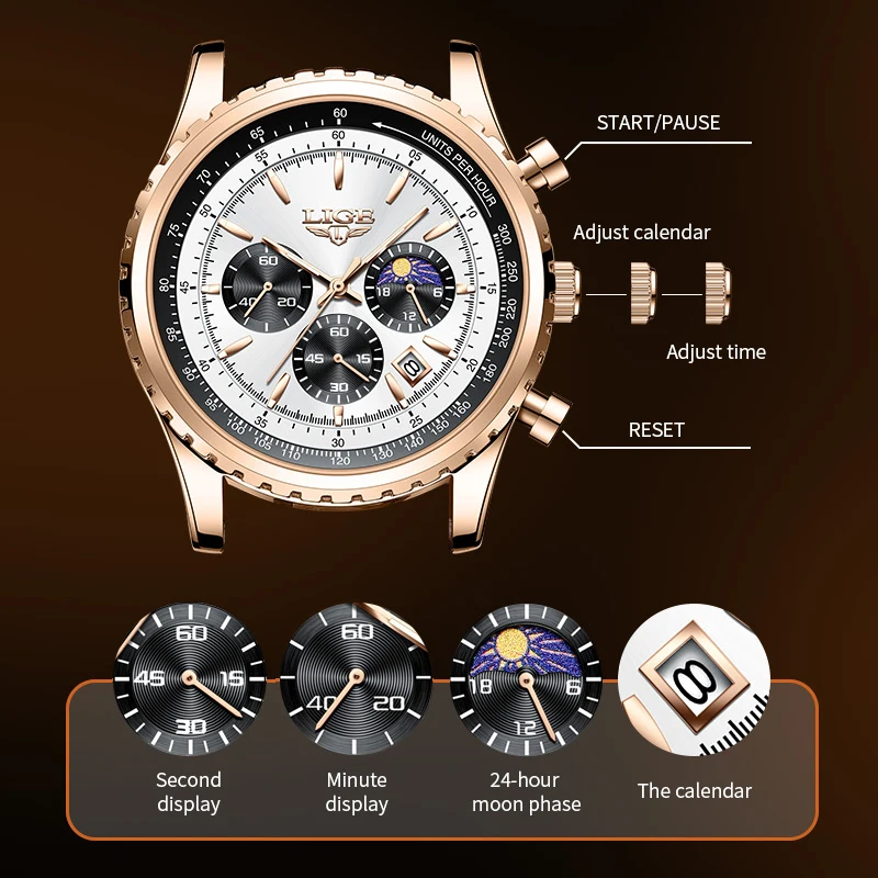 LIGE Man Watch Fashion Luxury Leather Strap Extraordinary Casual Sport Quartz Men\'s Watches 24H Moon Phase Waterproof Wristwatch