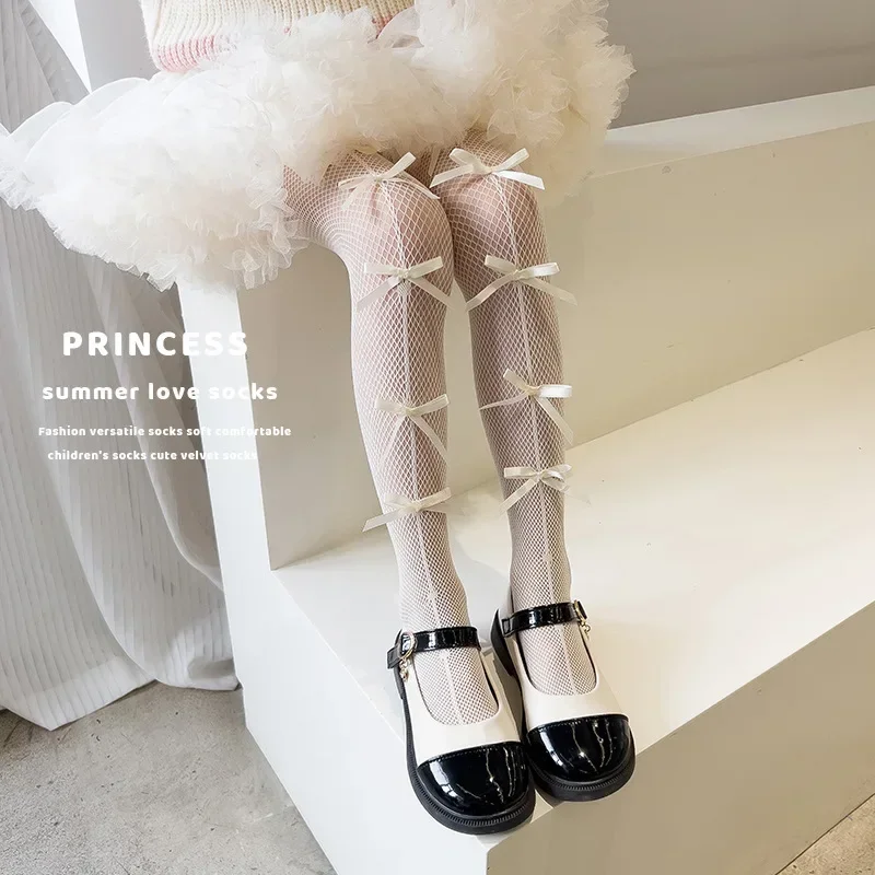 Korean Tights for Kids Girl Sweet Princess Bowknot Style Pantyhose for Children Thin Soft Breathable Fishnet Stocking Sock