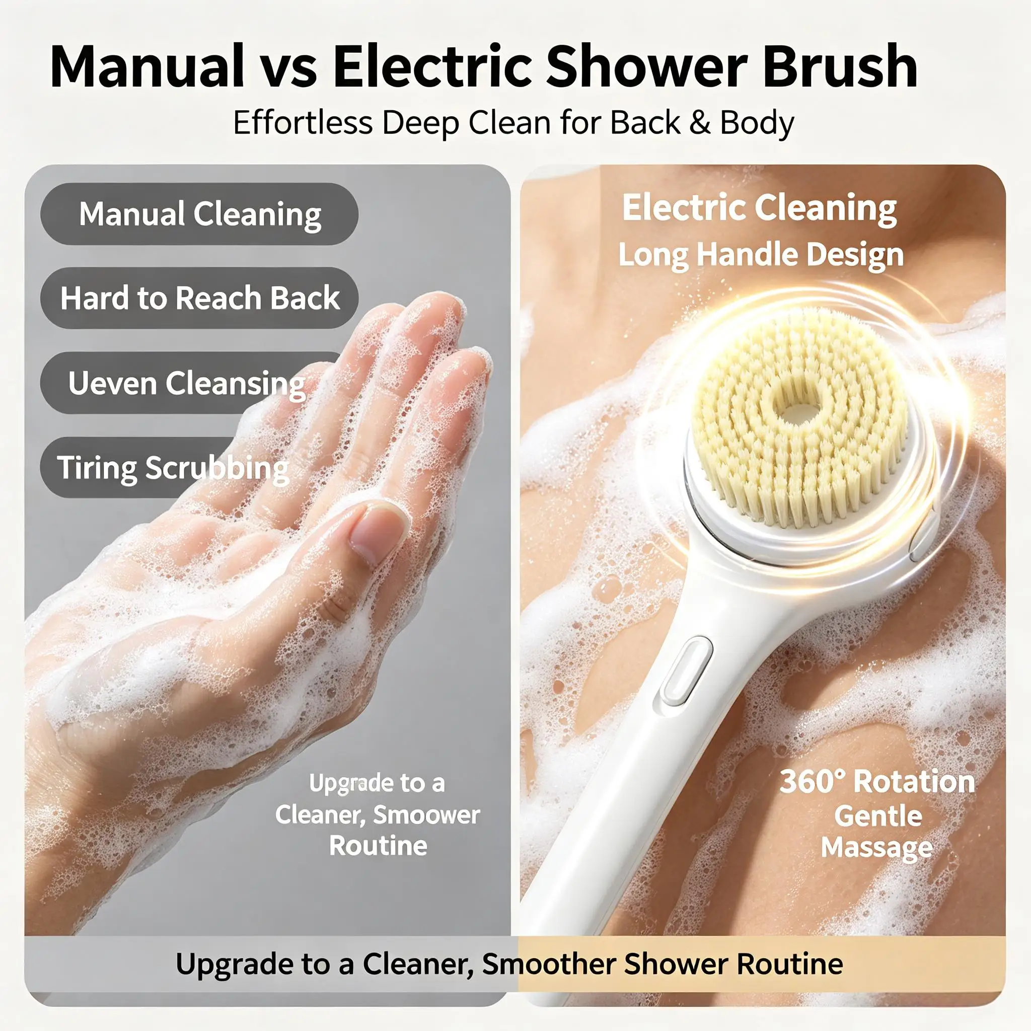 Long Handle Electric Shower Brush Rechargeable Body Back Scrubber Waterproof Exfoliating Massage Bath Brush Detachable Heads