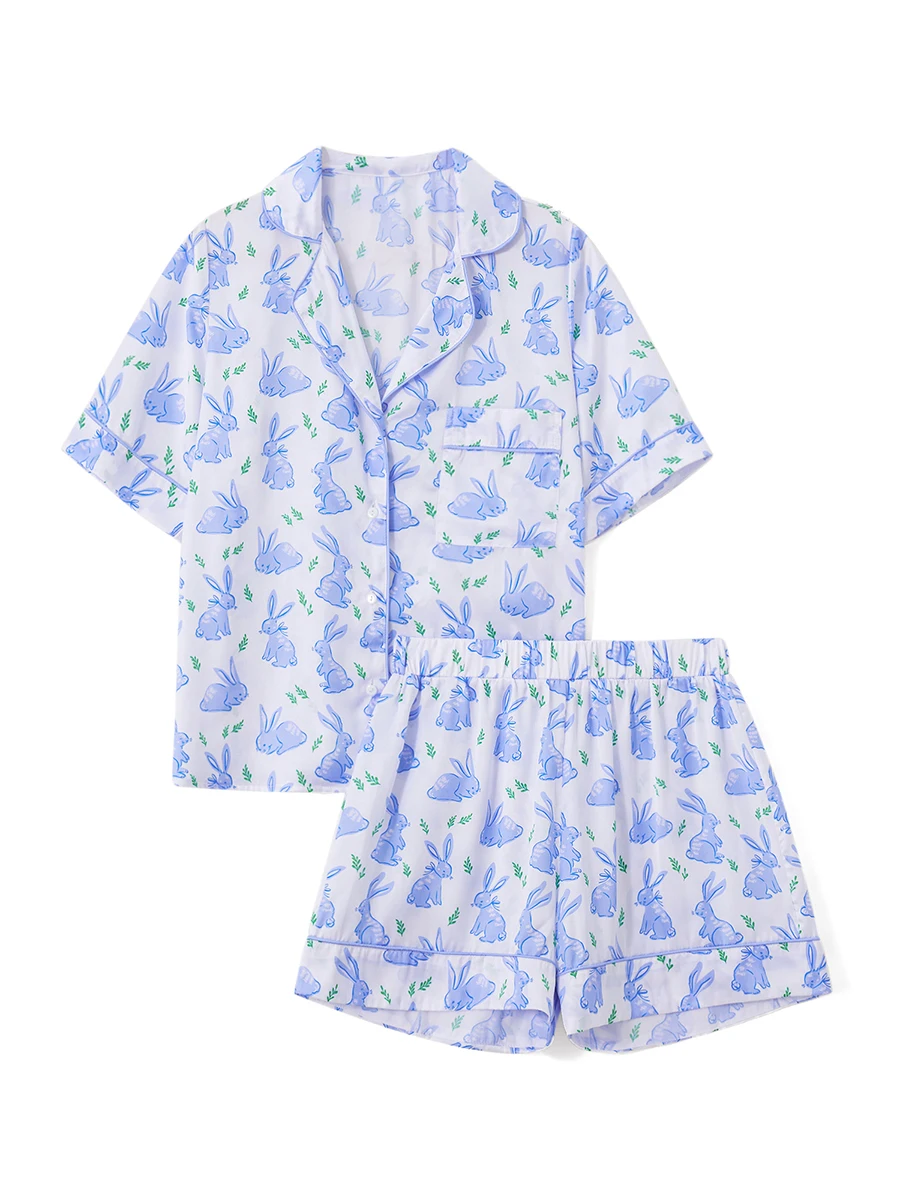 

Women Pajama Set Bunny Print Short Sleeve Button Closure Top with Shorts Sleepwear Loungewear