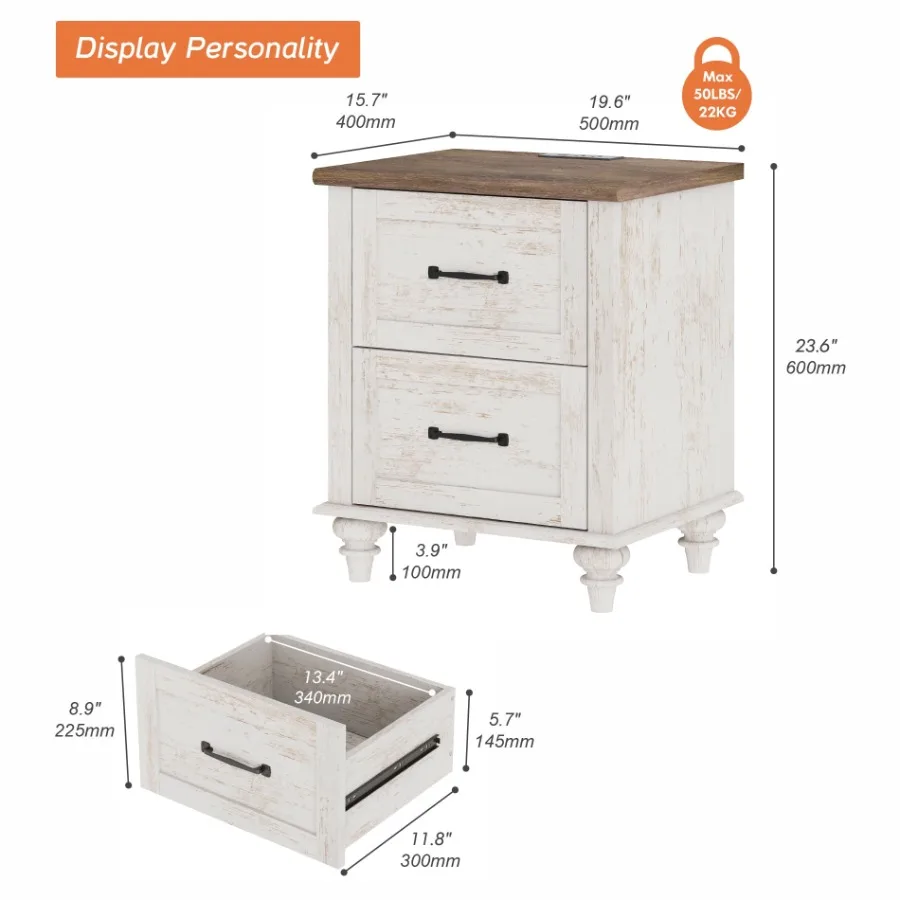 Antique White End Table with 2 Drawers Wooden Side Table Nightstand with Charging Station for Living Room and Bedroom view 3