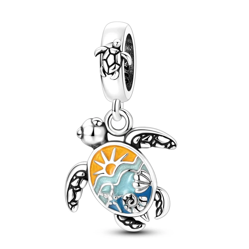 925 Sterling Silber Charms Perle Zirkon Bunte Schildkröten-Anhänger Passend für Original-Armband DIY Damen Schmuck Geschenk
