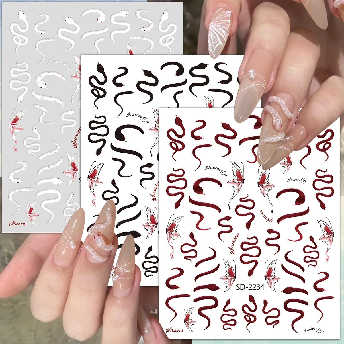 3/6/12 Blatt 5D Schlangen-Nagelkunst-Aufkleber Gotische Schmetterlings-Linien-Abziehbilder Rot-Schwarze Schlangen-Nagelaufkleber für DIY-Maniküre-Design