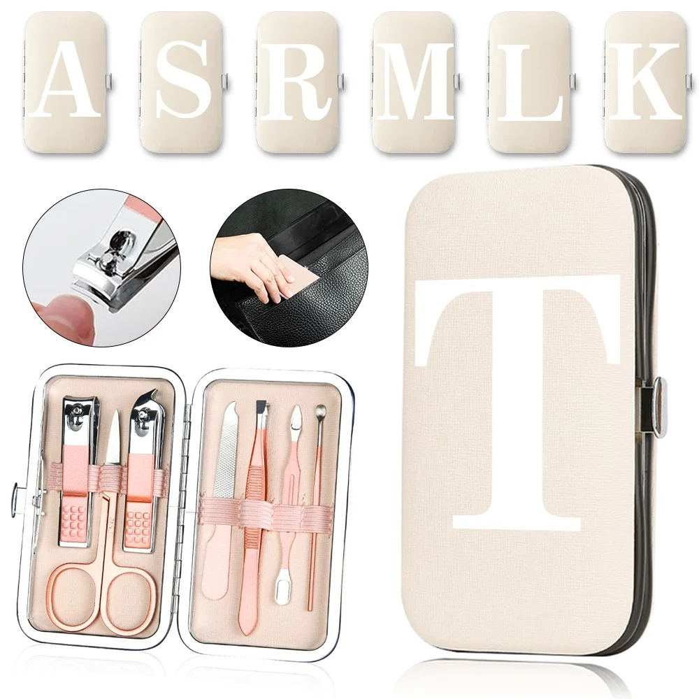 

7Pcs Portable Travel Manicure Set PU Nail Clippers Kit Trimmer Organizer Stainless Steel Pedicure Tool Case White Letter Pattern