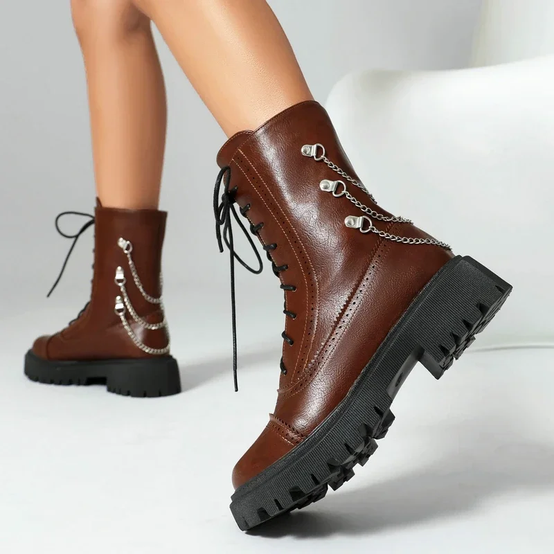 Blue Wine Red Color Brogue Designer Luxury Goth Women Shoes Lace-up Casual Ladies Ankle Boots Motorcycle Botas with Metal Chain image 2