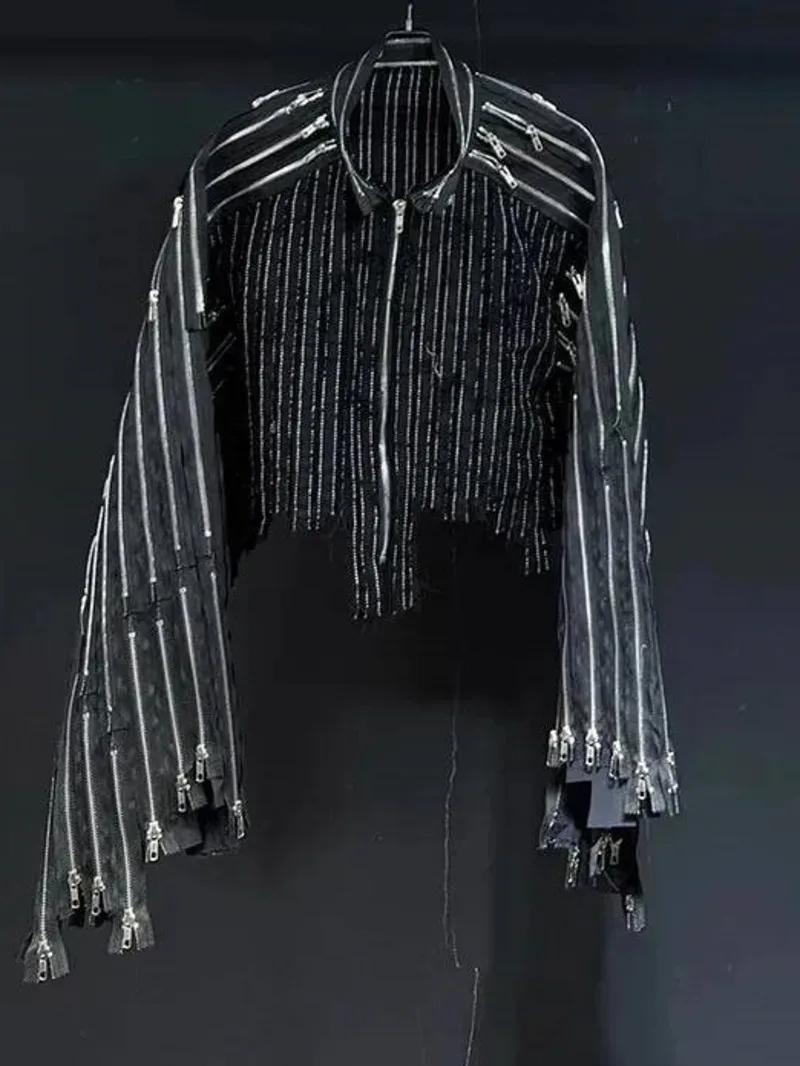 Men Multi Zip Fringe Jacket Cropped Fit Streetwear Dark Fashion Tops Outwear Distressed Stand Collar Outwear NH6Y
