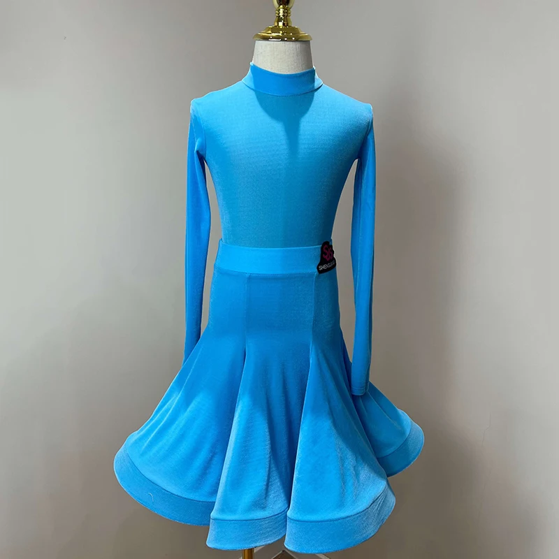 

Velvet High Collar Blue Latin Dance Suit Chacha Rumba Tango Dress For Girls Long Sleeved Latin Performance Dance Dress DN16907