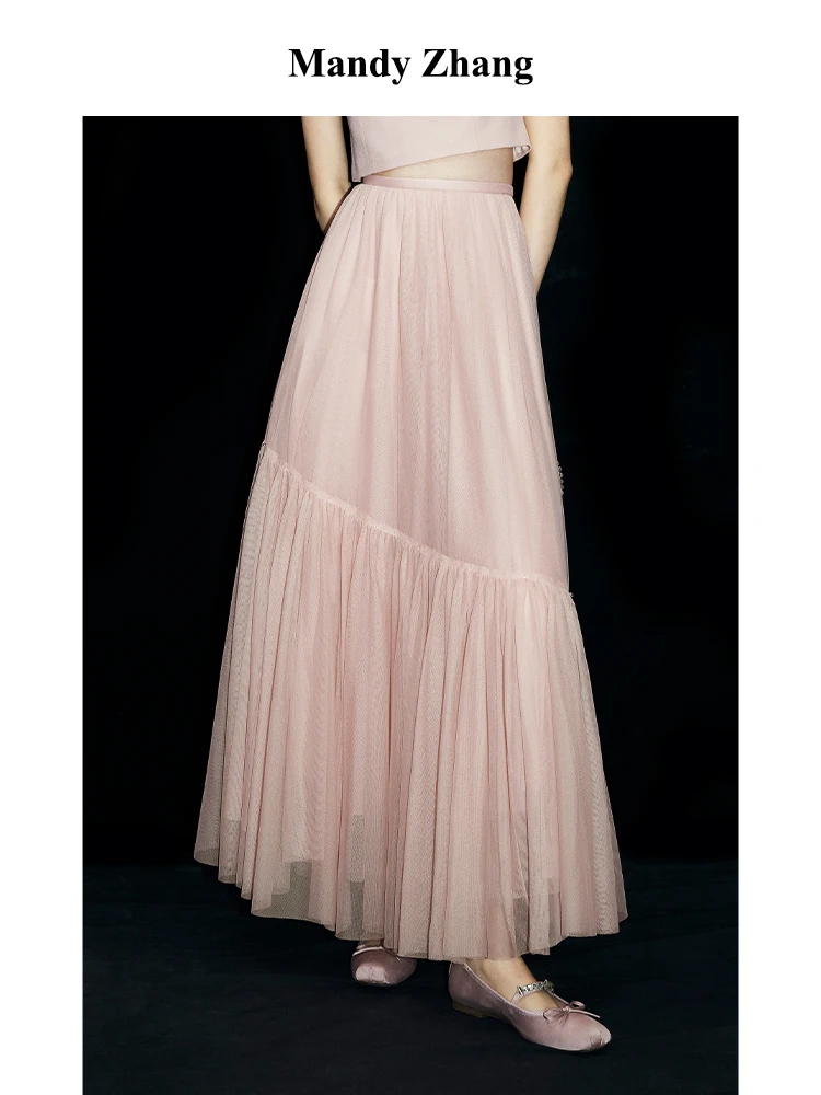 

Длинная юбка MandyZhang Ele розового цвета ручной работы с бисером, А-силуэт, весна-осень, из полиэстера, с высокой талией, на молнии