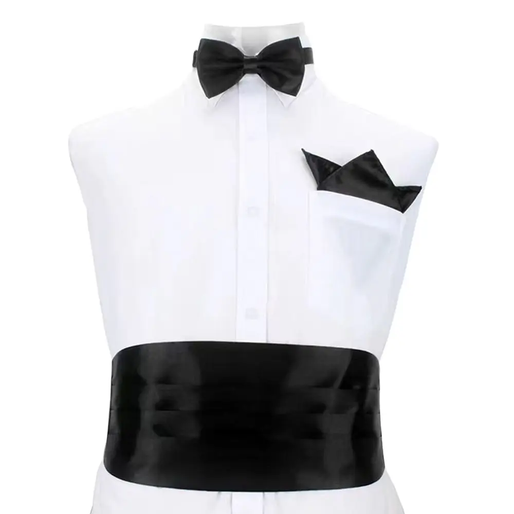 

Fashion Wide Silk Satin Tuxedo Cummerbund Elastic Belly Band Pocket Square Designer Business Men's Suit Lapel Flowers for Men