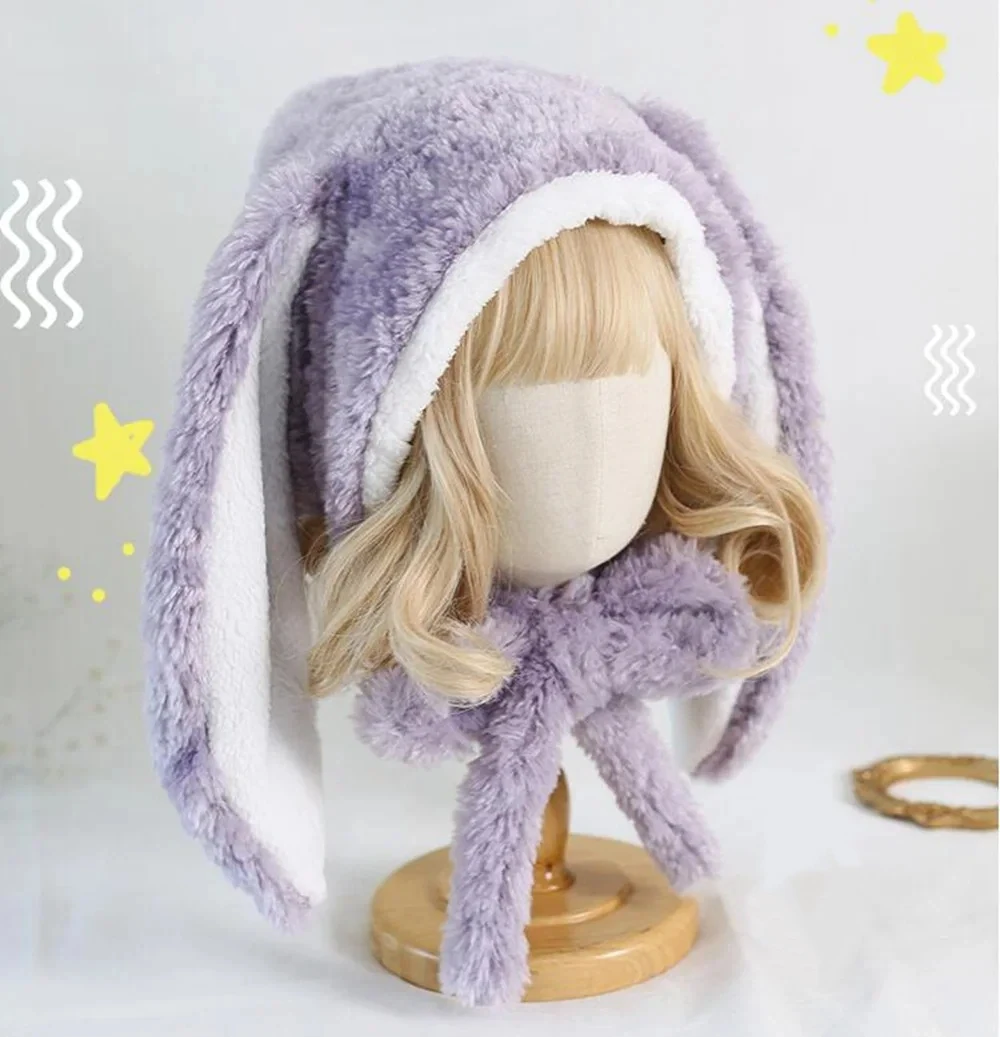 Japanse Sweet Bunny Eared Rabbit Cap Lolita Oorbeschermers Cap Pluizige Warme Winter Fleece Hoeden