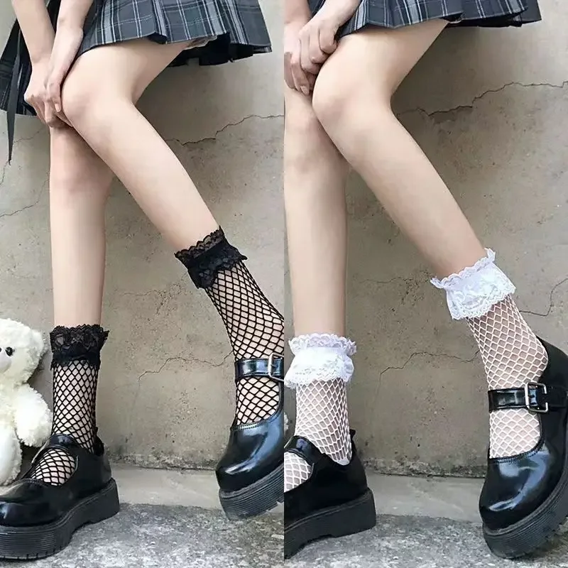 Sweet Lolita Fishnet Socks White Lace Edge Hollowed Out Mid Length Sock for Girls Summer Fashion Parent Child Mesh Ruffle Socks