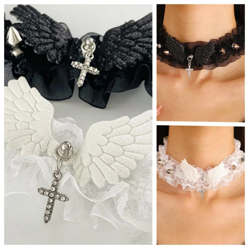 Gothic Lace Rivet Collar Niche Design Punk Necklace Wings Lolita Choker Neck Ring Fashion Jewelry For Women Gifts Accessories