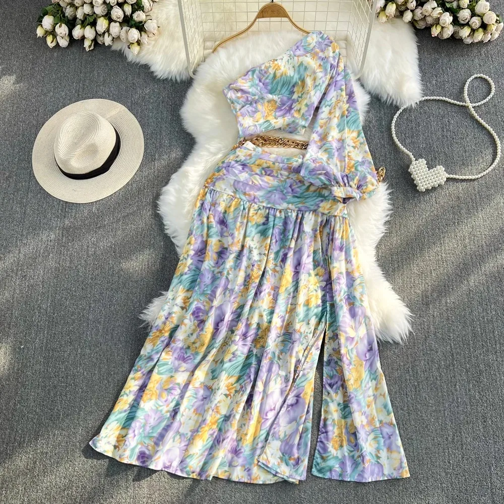 Women Summer Retro Floral Print Pleated  Elegant  Chiffon Dress A-line Diagonal Collar   Casual  High Waist Dress  Vestidos