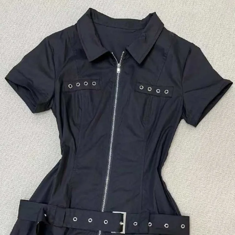 Robe noire à col à revers pour femmes, chemises taille fine, manches courtes, fermeture éclair, été, nouveau, Y2K, E-Girl, éducatif, 2024