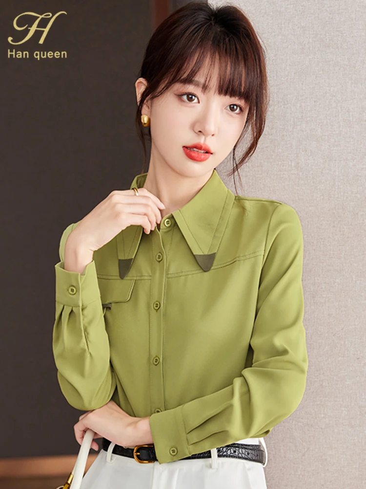 H Han Queen Spring Autumn Elegant Simple Single-Breasted Chiffon Women\'s Blouse Korean Loose Casual Vintage Shirts Office Tops