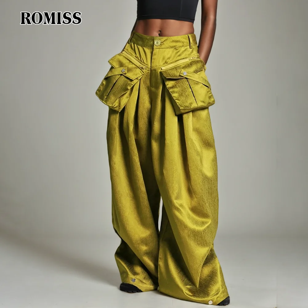 ROMISS Solid Patchwork Zipper Minimalist Pant For Women High Waist Spliced Pockets Casual Wide Leg Pants Female Fashion Style