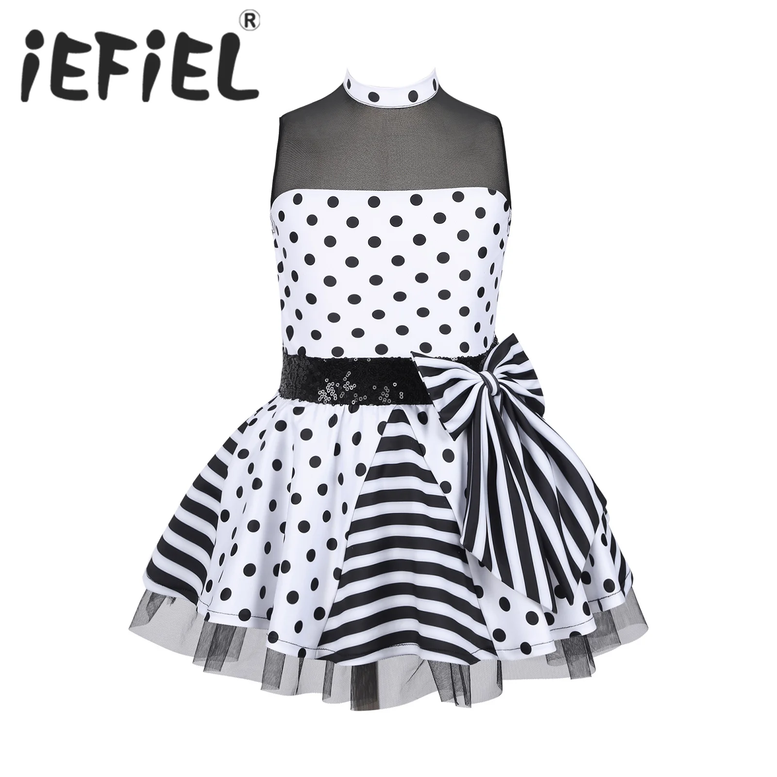 Kids Girls Ballet Tutu Mesh Dress Sleeveless Round Collar Polka Dots Patchwork Sequins Bowknot Waist Leotard Ballerina Costumes