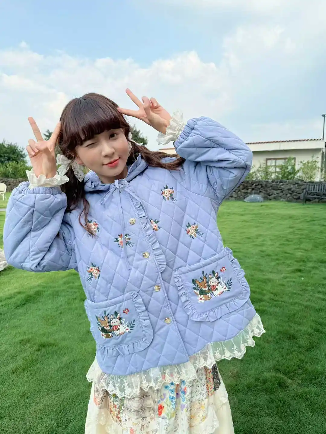 Blue Vintage Embroidery Kawaii Winter Hooded Parka Women Japanese Mori Lace Ruffled Patchwork Casual Cotton Padded Jacket Coat