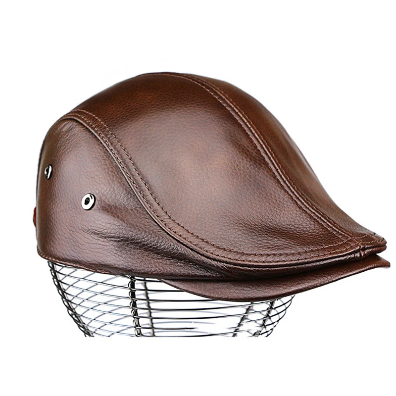 100% Genuine Leather Beret Men Adjustable First Layer Cowhide Thin Hat Trend Street Women Leisure Duckbill Casquette Forward Cap