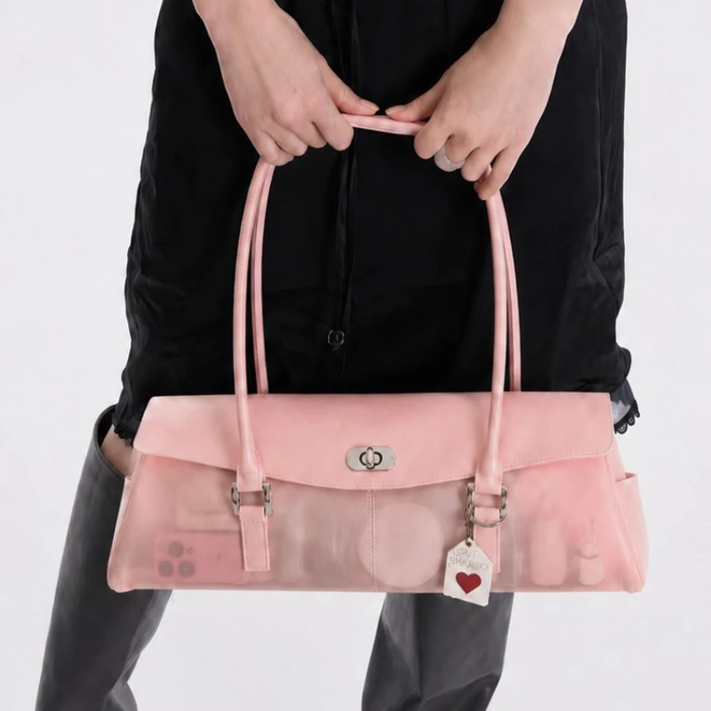 Transparente Macaron-Farbene Schnallen-Flip-Hobo-Unterarmtasche, Leichte Damen-Handtasche mit Obergriff, Französisch-Schicke Lange Henkeltasche