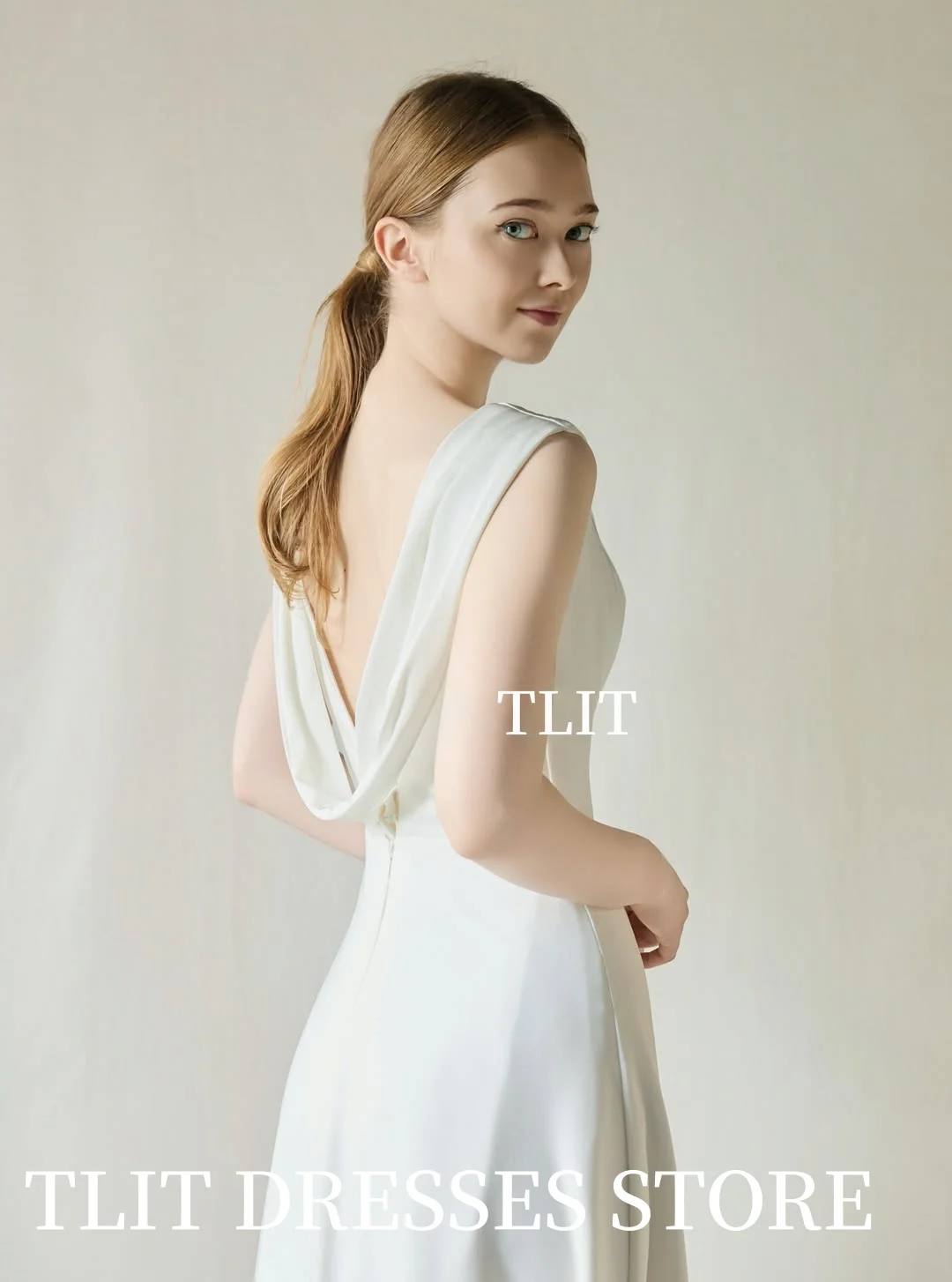 TLIT بسيط العاج الحرير الساتان ألف خط فستان الزفاف مخصص واسعة السباغيتي حزام فستان زفاف كوريا فساتين الزفاف صور تبادل لاطلاق النار